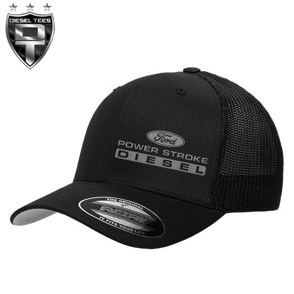 Ford Power Stroke Diesel FlexFit Black Trucker Hat Grey Logo